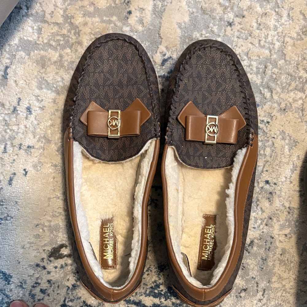 Michael Kors Brown Logo Bow Shearling Moccasin Loafers